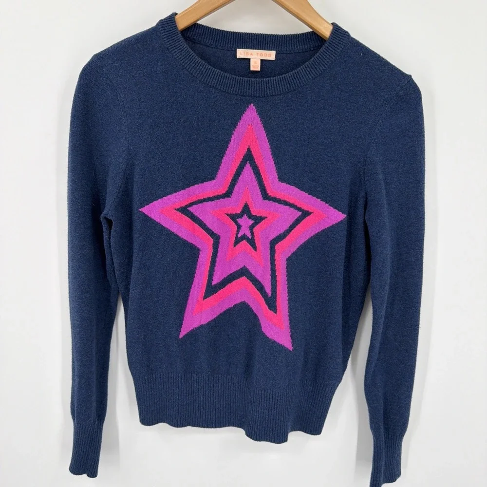 Lisa Todd Navy Pink Star Colorful Sz S Point Taken Knit Cotton Sweater Intarsia
